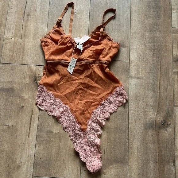 NWT Free People X We Are HAH Thanks for Nothin Bodysuit Brown Sugar Sz L - Picture 4 of 10